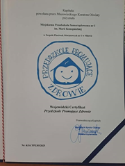 Certyfikat Wojewódzki Przedszkole Promujące Zdrowie