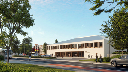 Zapraszamy do nowego budynku w roku szkolnym 2026/2027- wizualizacja front.