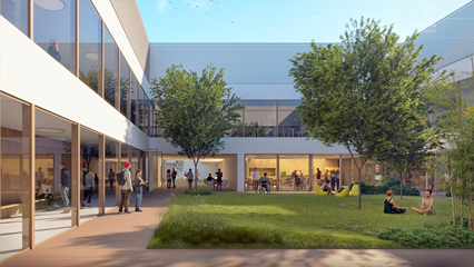  Zapraszamy do nowego budynku w roku szkolnym 2026/2027- wizualizacja patio.	